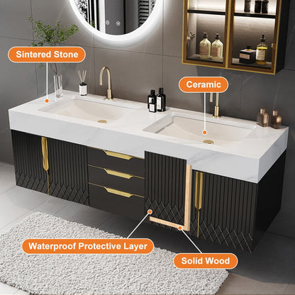 Aro 59" Floating Double Bathroom Vanity with Sink, Sintered Stone Top