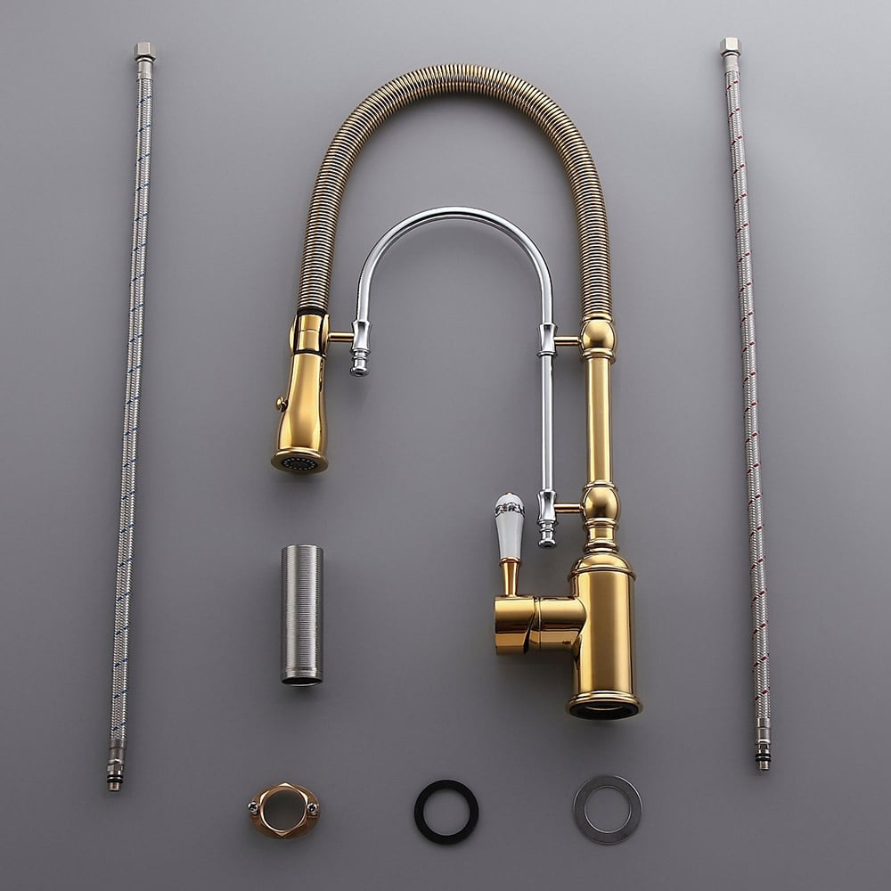 High Arc Dual-Mode Pull-Down Kitchen Faucet Solid Brass with Porcelain Handle
