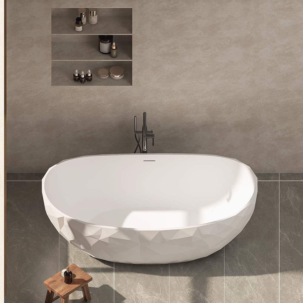 64" Modern Oval Diamond-Cut Freestanding Soaking Bathtub White 89.8-Gallon Capacity