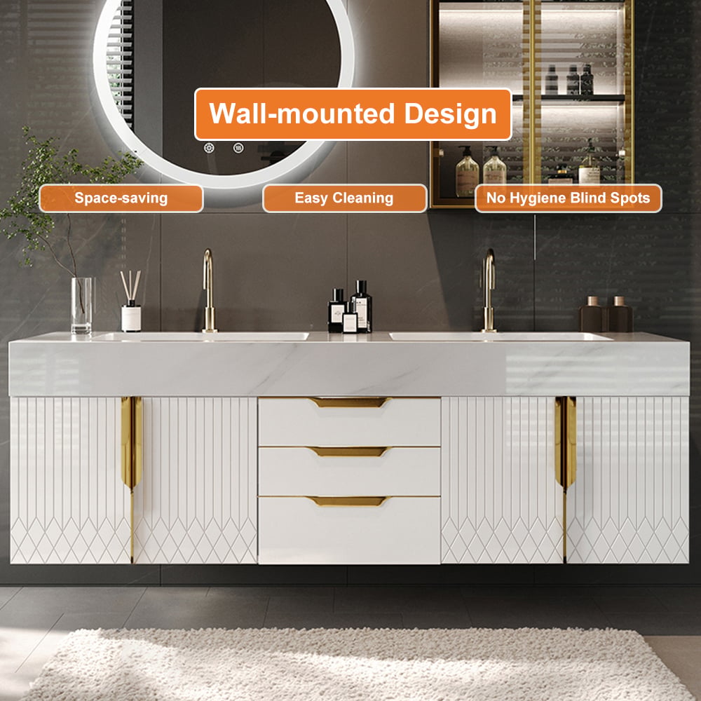 59" Double Sink Floating Vanity Set with LED Medicine Cabinet with Storage