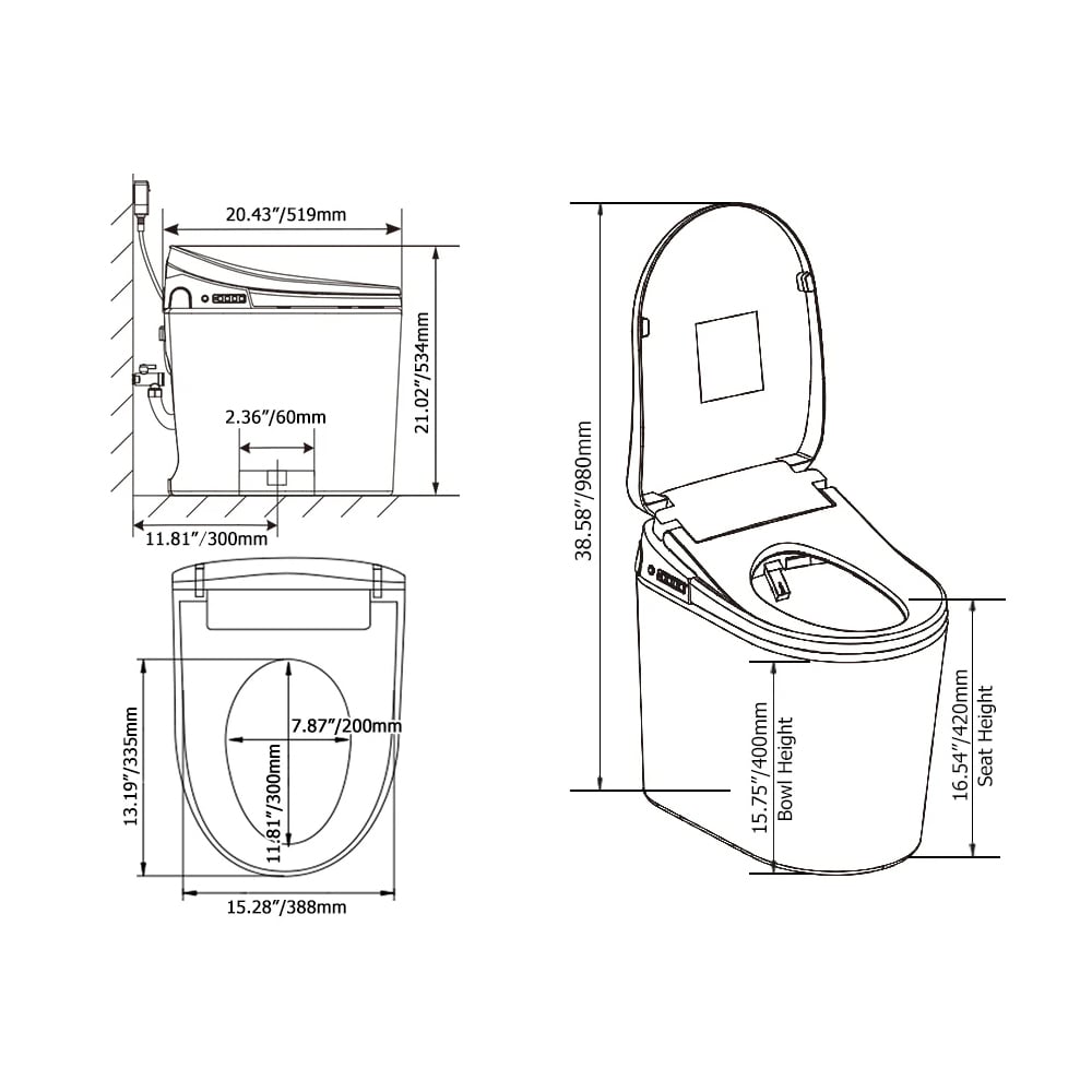 Fitro H1 Compact Smart Bidet Toilet with Deodorization and Automatic Flushing, 1.32 GPF