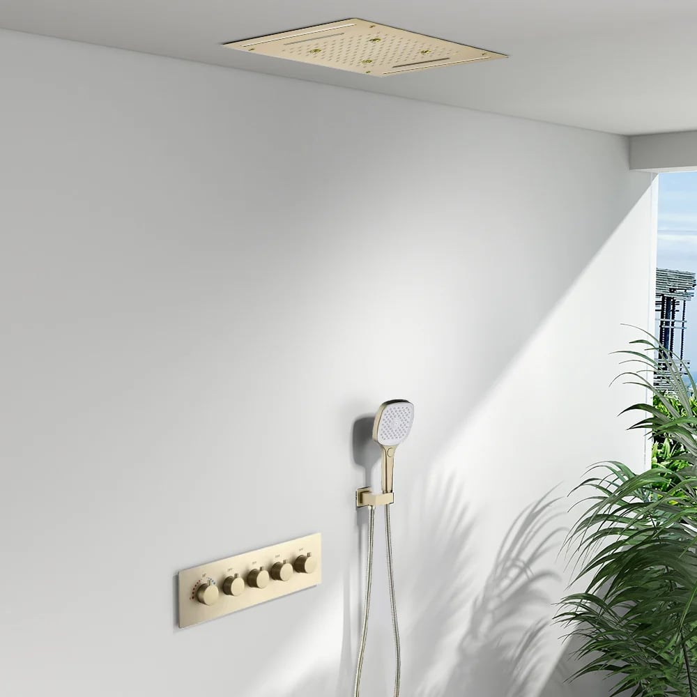20" LED Rainfall Shower System in Brushed Gold with Multi-Function Ceiling Showerhead