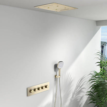 20" LED Rainfall Shower System in Brushed Gold with Multi-Function Ceiling Showerhead
