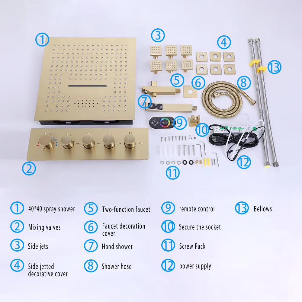 Ceiling-Mounted 16" Shower System in Brushed Gold 4-Function Thermostatic