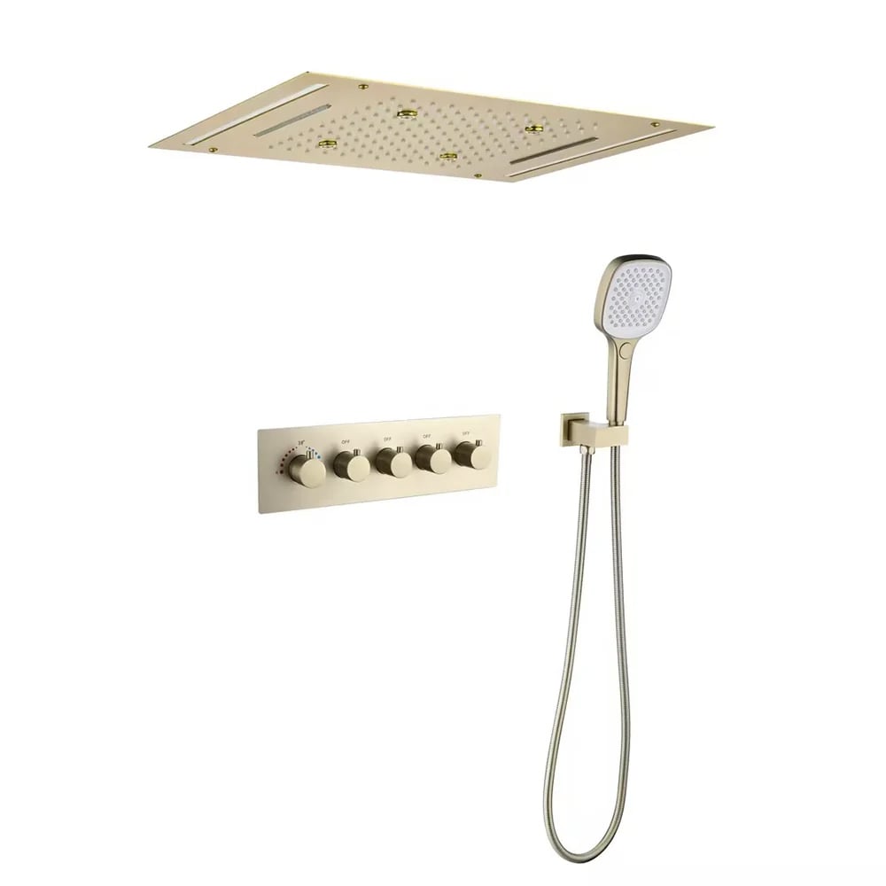 20" LED Rainfall Shower System in Brushed Gold with Multi-Function Ceiling Showerhead