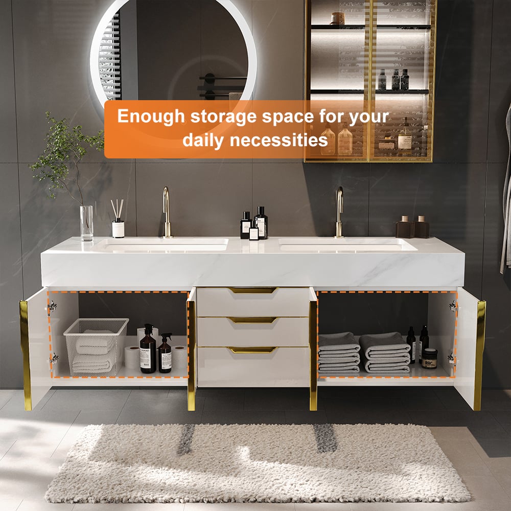 59" Double Sink Floating Vanity Set with LED Medicine Cabinet with Storage