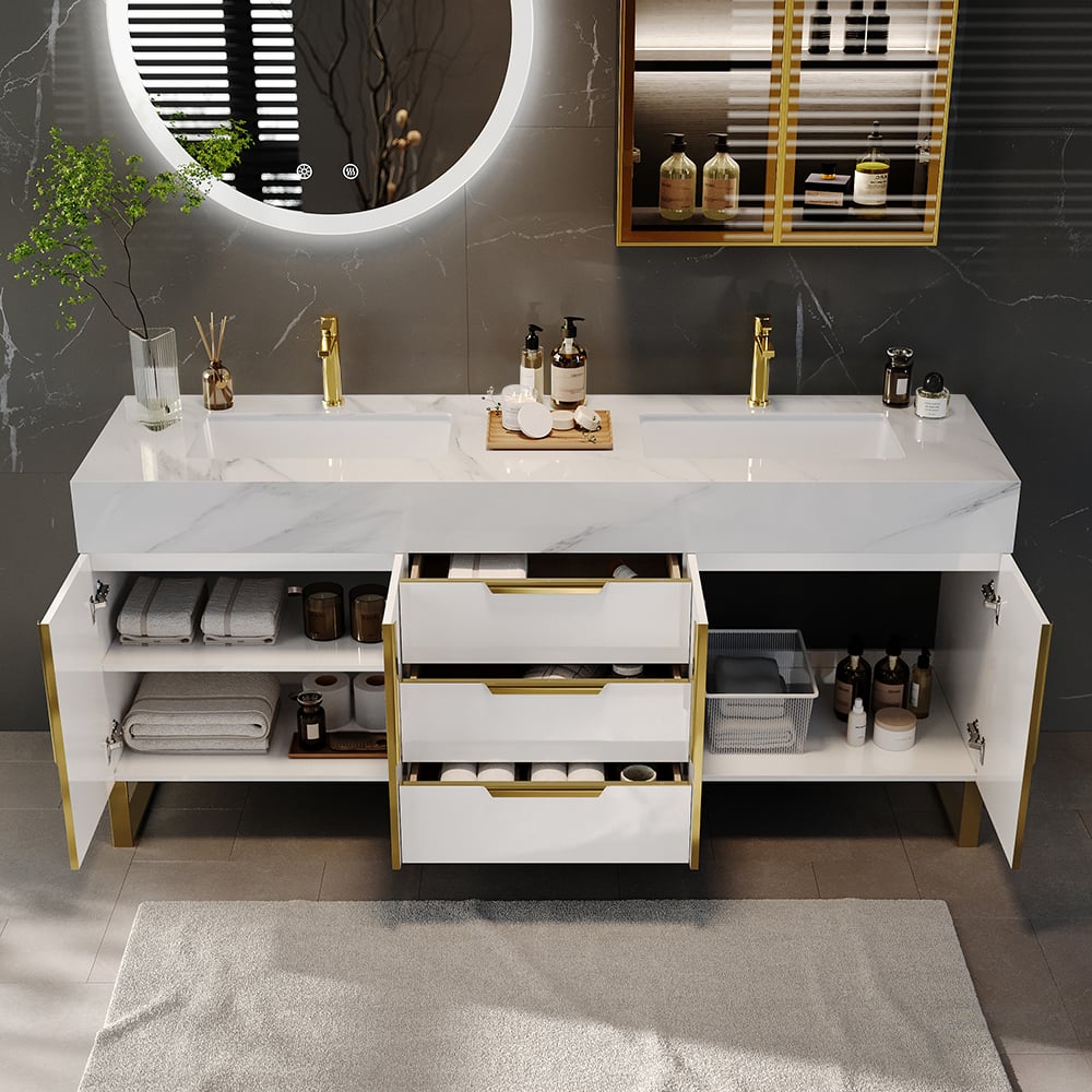 Aro 59" Freestanding Double Bathroom Vanity with Sink, Sintered Stone Top