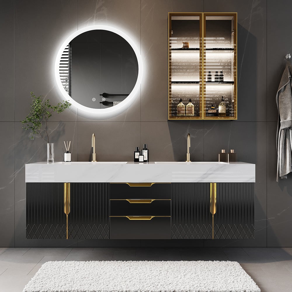Aro 59" Floating Double Bathroom Vanity with Sink, Sintered Stone Top