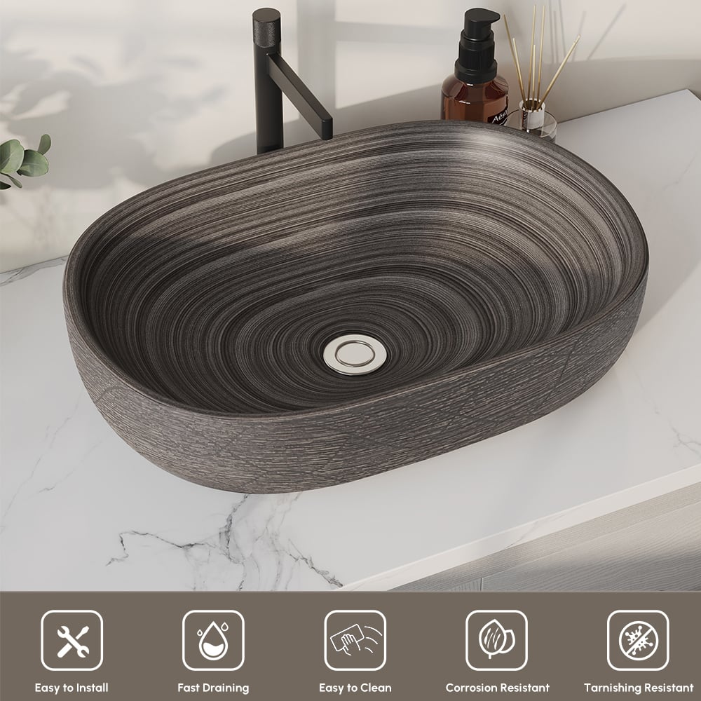 23" Grey Oval Ceramic Bathroom Sink – Matte Glazed Vessel Sink