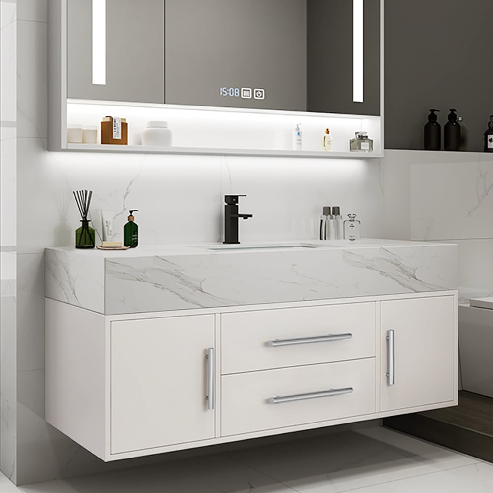 39.4" White Floating Bathroom Vanity Set with LED Medicine Cabinet