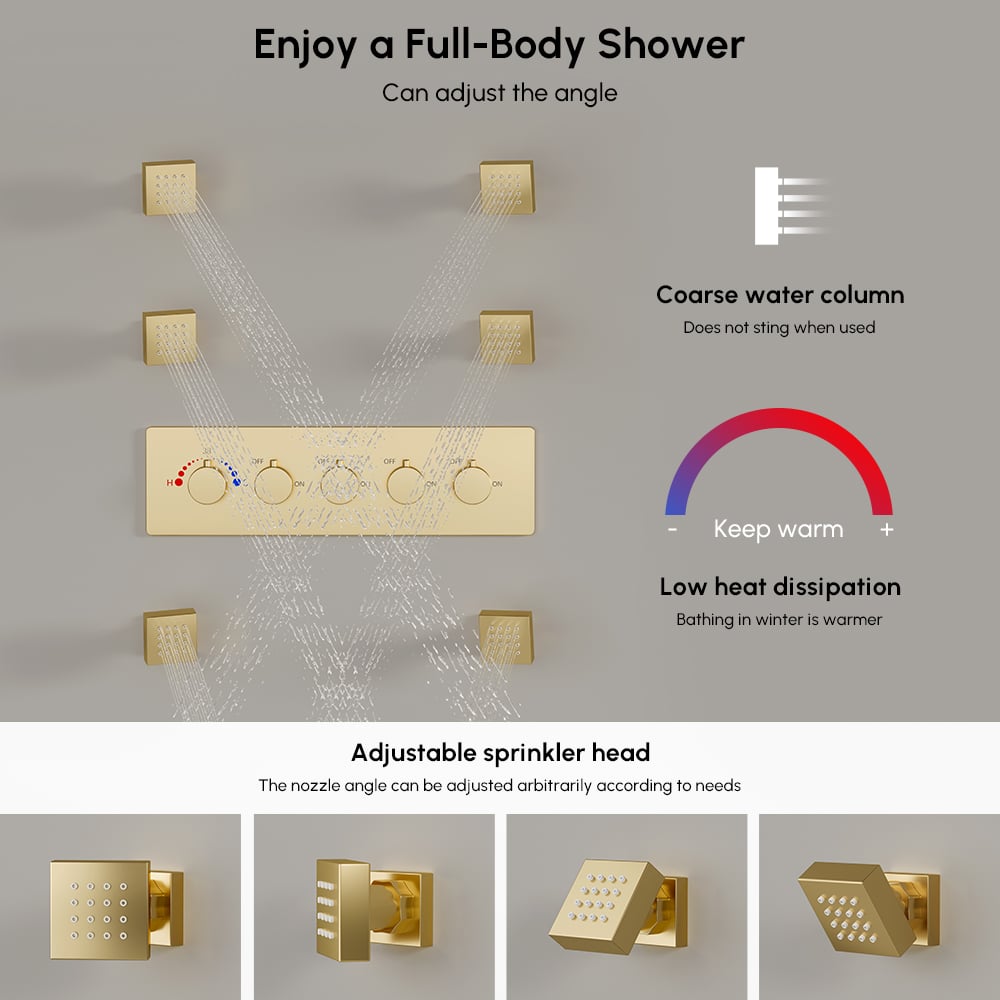Wall-Mounted Shower System in Gold Thermostatic 4 Functions 23"