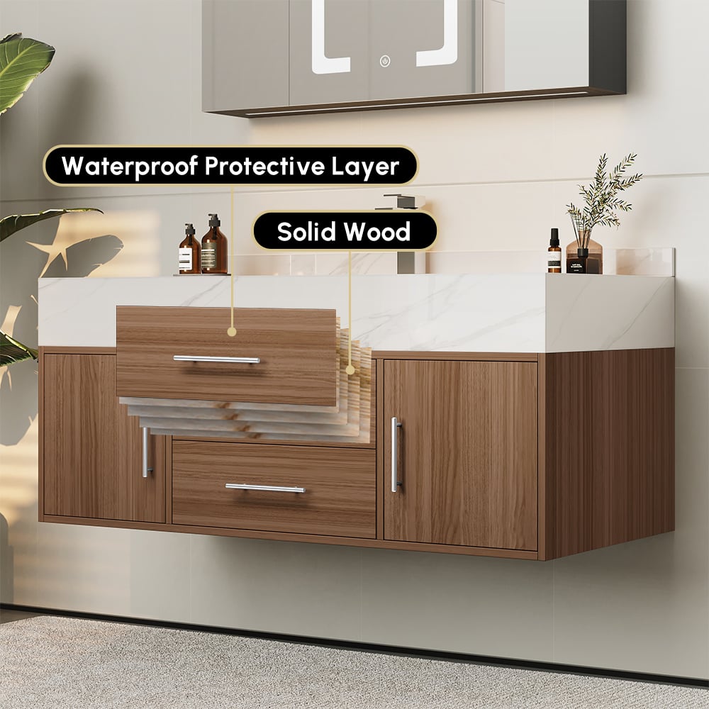 Modern 39" Walnut Floating Single Bathroom Vanity with Sintered Stone Top and Sink