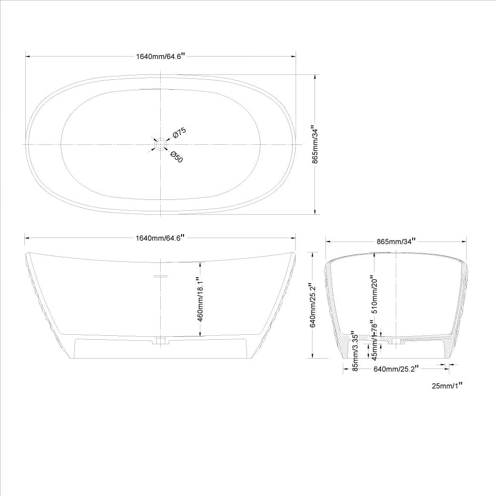 64" Modern Oval Diamond-Cut Freestanding Soaking Bathtub White 89.8-Gallon Capacity