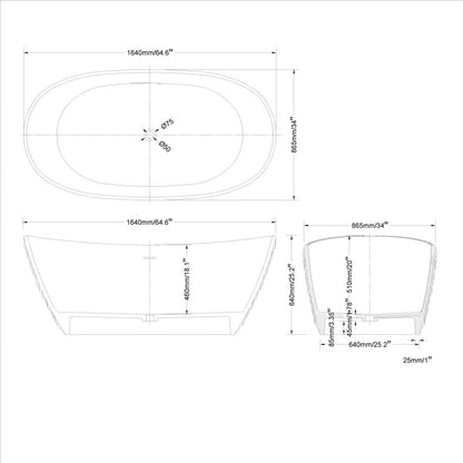 64" Modern Oval Diamond-Cut Freestanding Soaking Bathtub White 89.8-Gallon Capacity