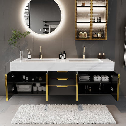 Aro 59" Floating Double Bathroom Vanity with Sink, Sintered Stone Top