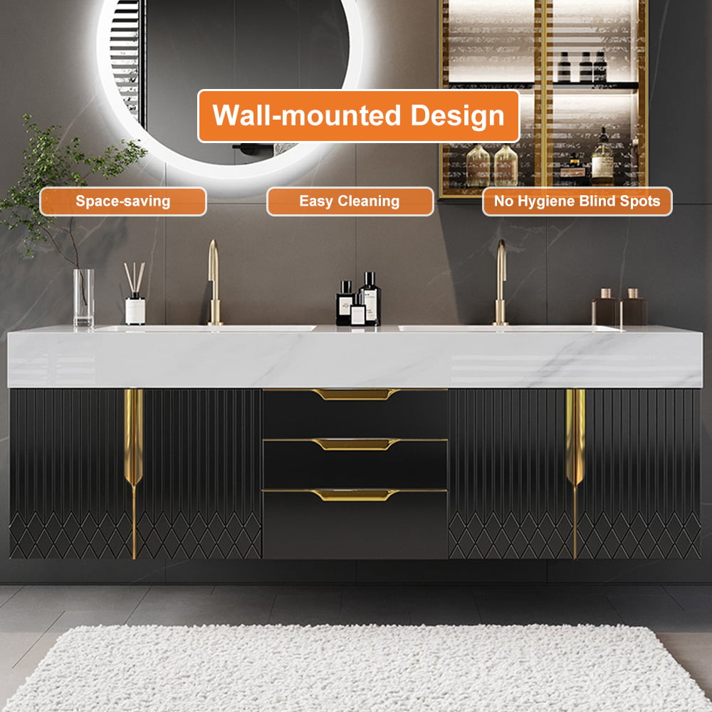 Aro 59" Floating Double Bathroom Vanity with Sink, Sintered Stone Top