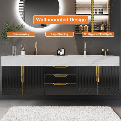 Aro 59" Floating Double Bathroom Vanity with Sink, Sintered Stone Top