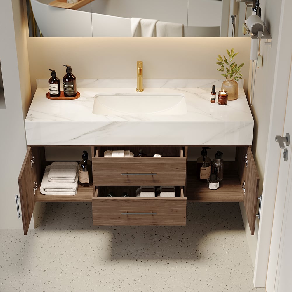 39.3" Walnut Bathroom Vanity & LED Medicine Cabinet Set