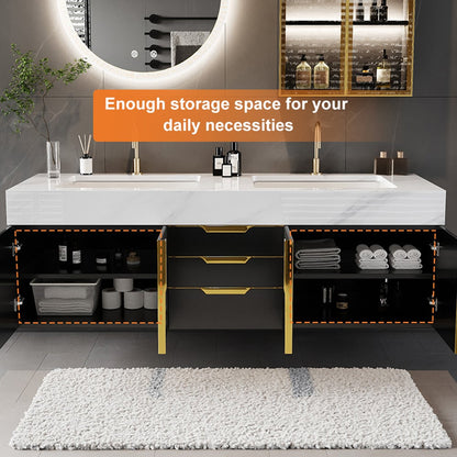 Aro 59" Floating Double Bathroom Vanity with Sink, Sintered Stone Top