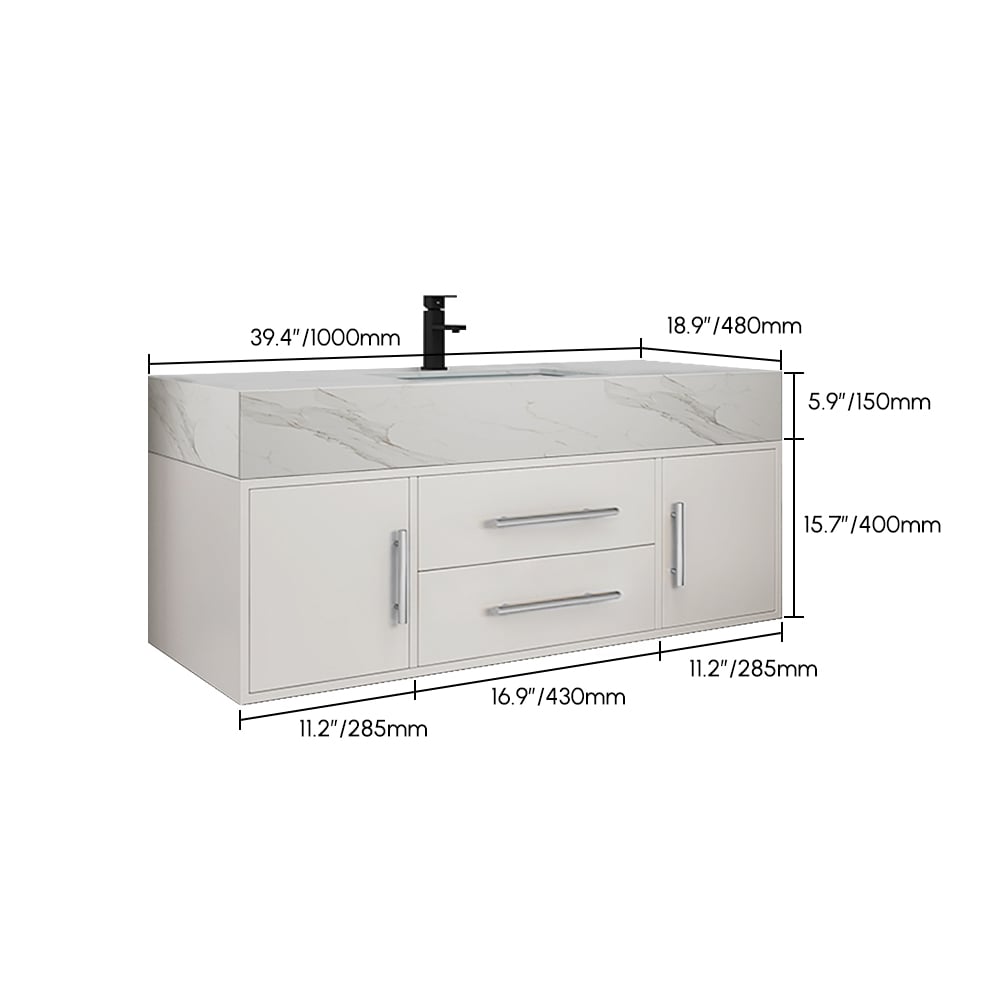 39.4" White Floating Bathroom Vanity Set with LED Medicine Cabinet