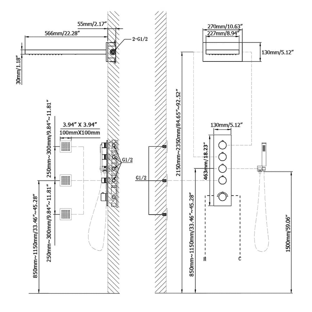 Wall Mounted Waterfall Rain Shower System with 3 Body Sprays in Matte Black Solid Brass