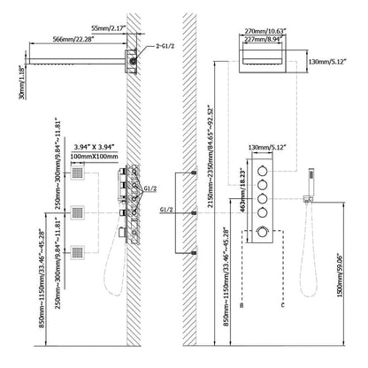 Wall Mounted Waterfall Rain Shower System with 3 Body Sprays in Matte Black Solid Brass