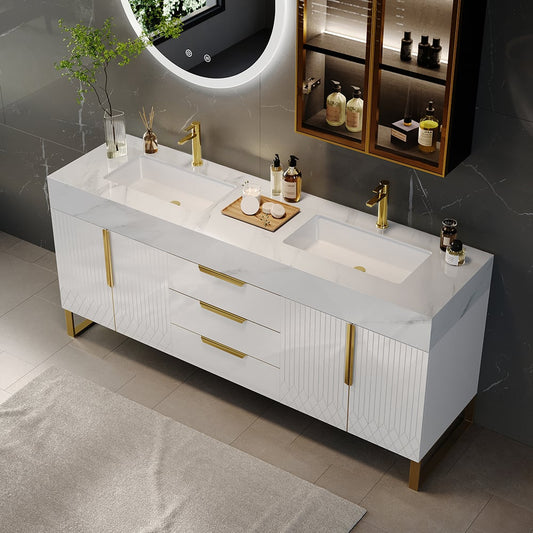 Aro 59" Freestanding Double Bathroom Vanity with Sink, Sintered Stone Top