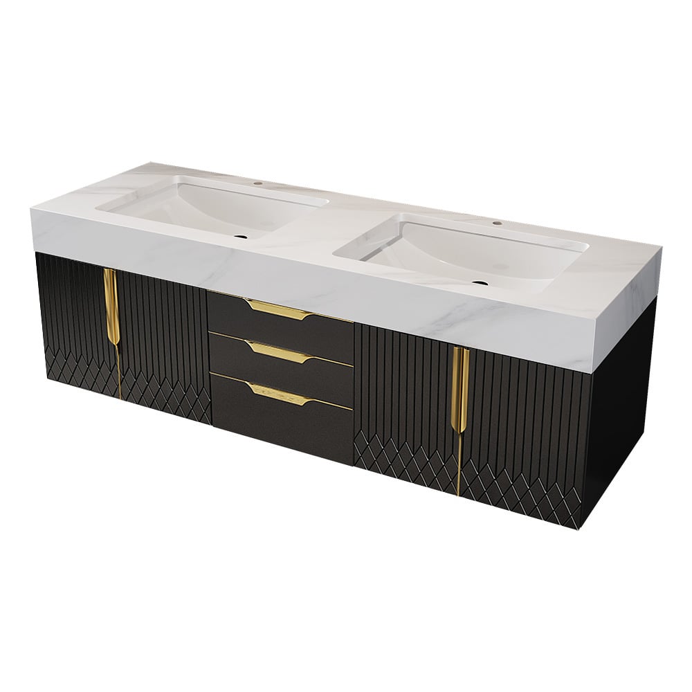 Aro 59" Floating Double Bathroom Vanity with Sink, Sintered Stone Top