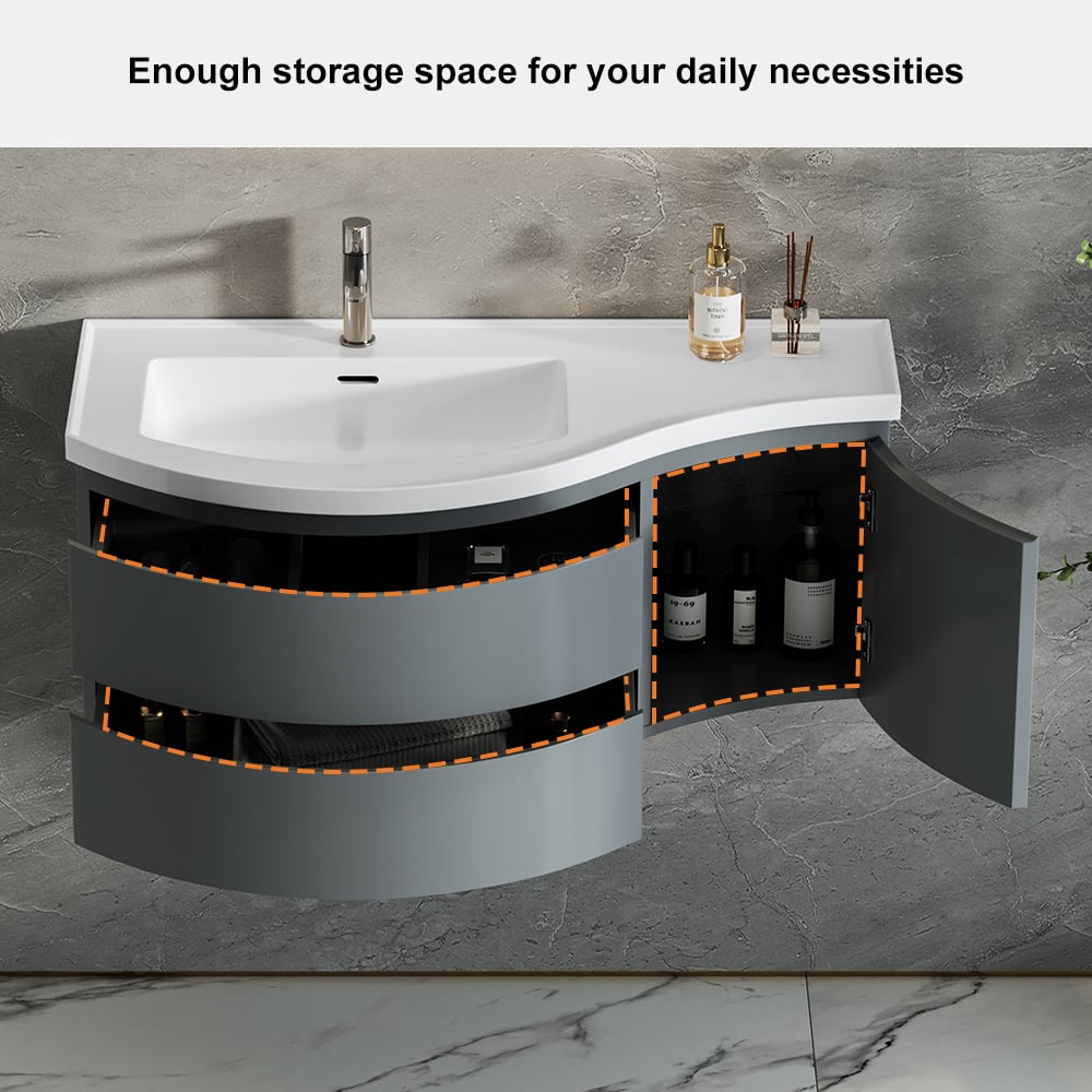 35" Floating Single Curved Bathroom Vanity with Sink & Storage