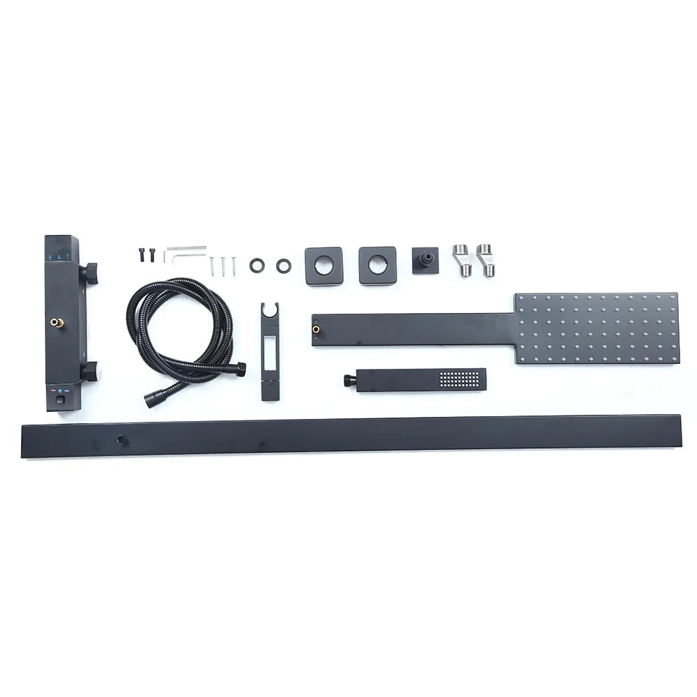 Exposed Thermostatic Shower Fixture with Rain Shower Head and Hand Shower Matte Black
