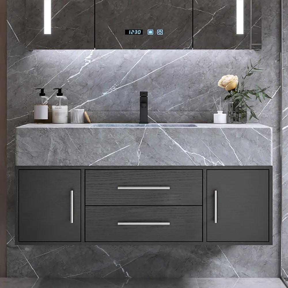 39.4" Black Floating Bathroom Vanity Set with LED Medicine Cabinet