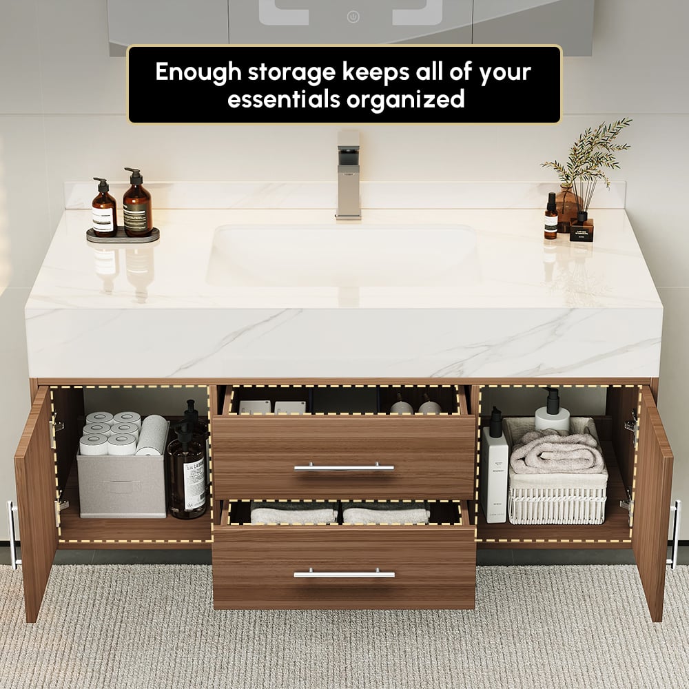 Modern 39" Walnut Floating Single Bathroom Vanity with Sintered Stone Top and Sink