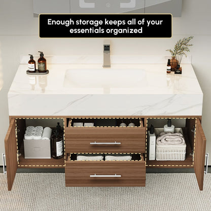 Modern 39" Walnut Floating Single Bathroom Vanity with Sintered Stone Top and Sink