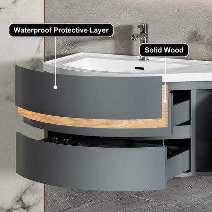 Floating Curved Bathroom Vanity & Round LED Medicine Cabinet Set Left Offset