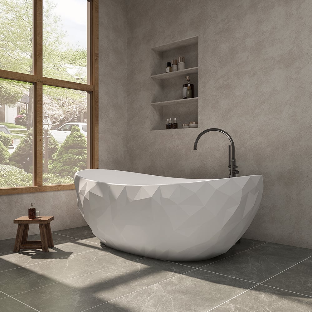 64" Modern Oval Diamond-Cut Freestanding Soaking Bathtub White 89.8-Gallon Capacity