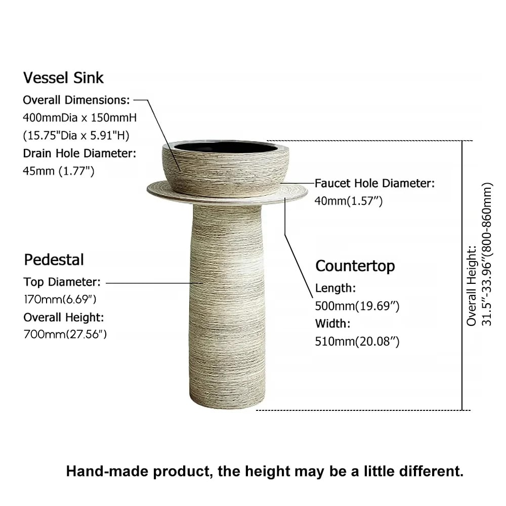 Kaolin Clay Pedestal Sink Wash Sink without Drain & Faucet Outdoor and Indoor