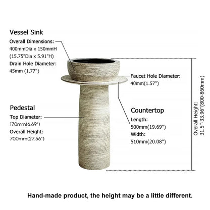 Kaolin Clay Pedestal Sink Wash Sink without Drain & Faucet Outdoor and Indoor