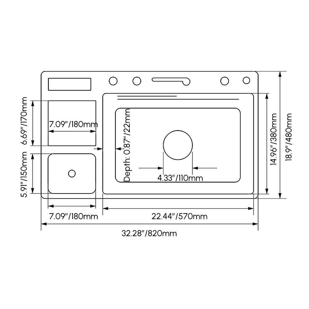 Multi-Function Stainless Steel Kitchen Sink 32.3" × 18.9" with Pull-Out Faucet