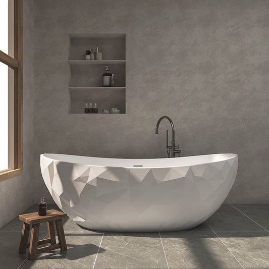 64" Modern Oval Diamond-Cut Freestanding Soaking Bathtub White 89.8-Gallon Capacity