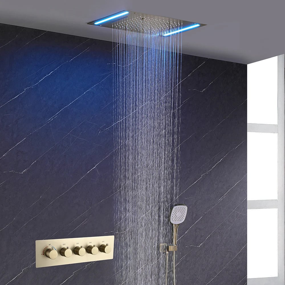 20" LED Rainfall Shower System in Brushed Gold with Multi-Function Ceiling Showerhead