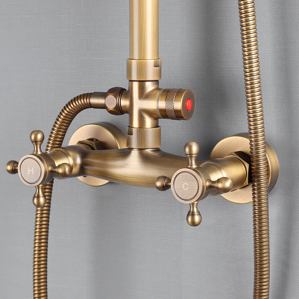 Classic Exposed Antique Brass Two Handle Round Rainshower Shower Fixture Solid Brass