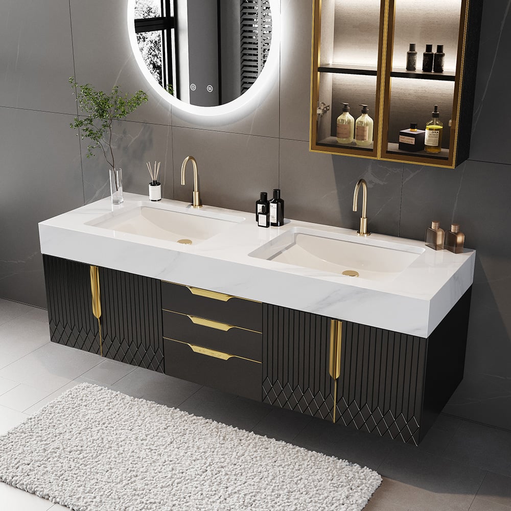 Aro 59" Floating Double Bathroom Vanity with Sink, Sintered Stone Top