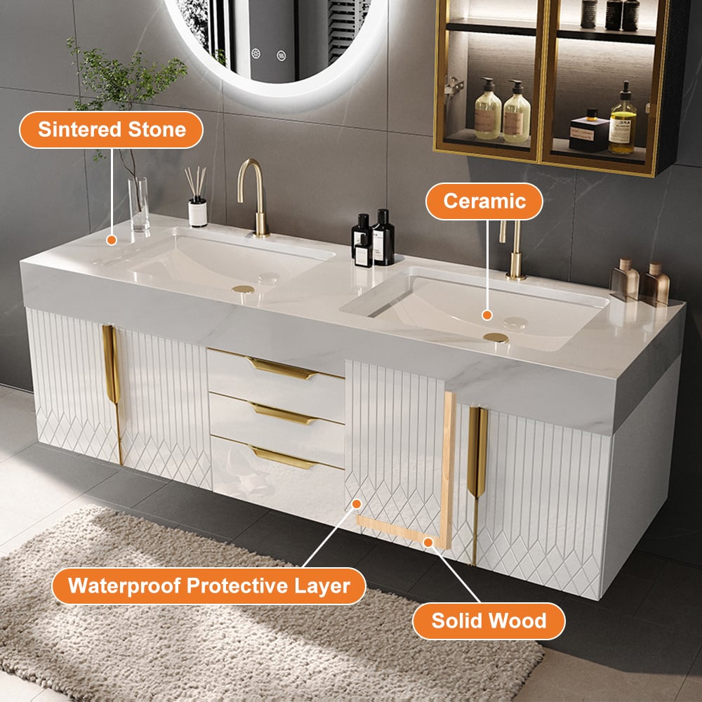 59" Double Sink Floating Vanity Set with LED Medicine Cabinet with Storage
