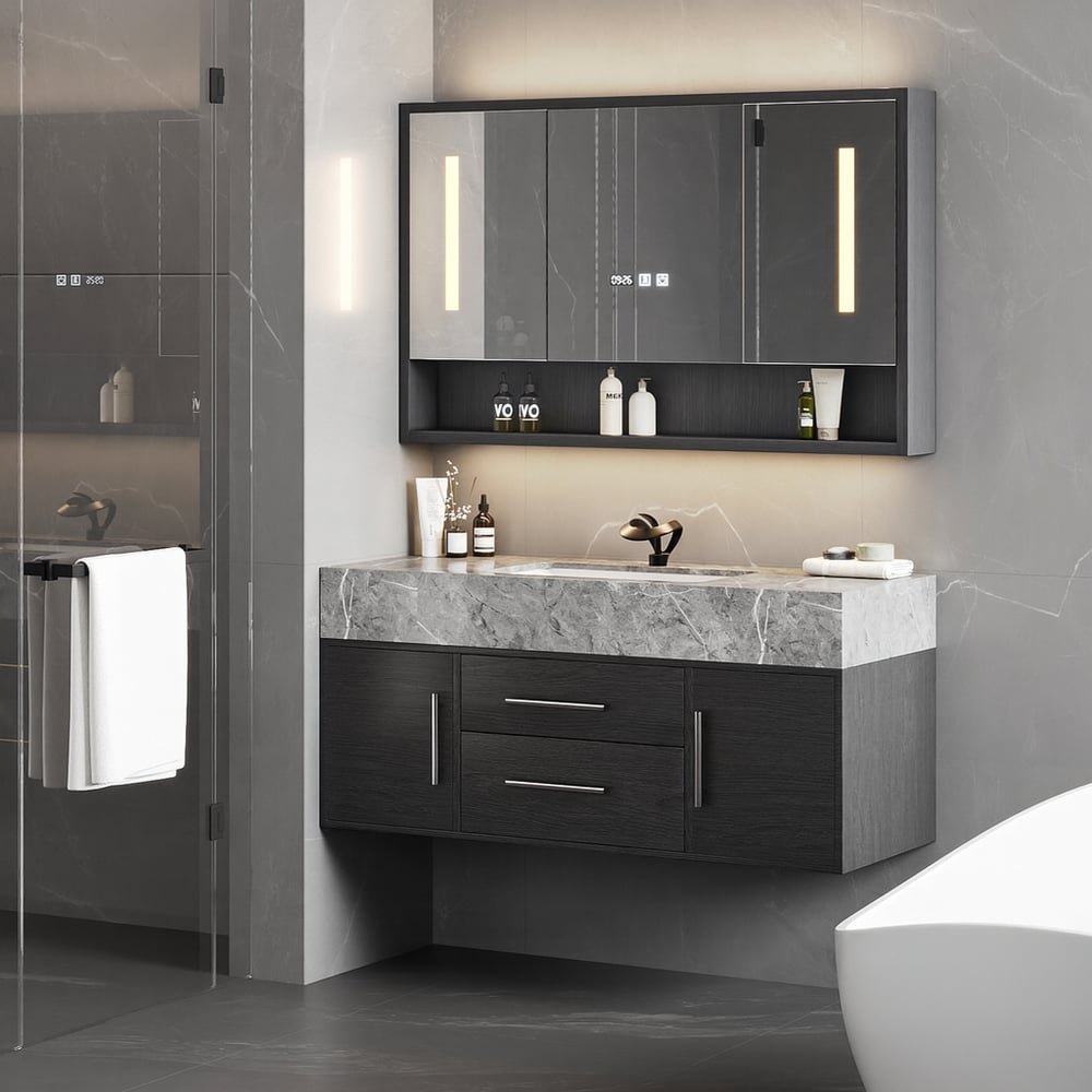 39.4" Black Floating Bathroom Vanity Set with LED Medicine Cabinet