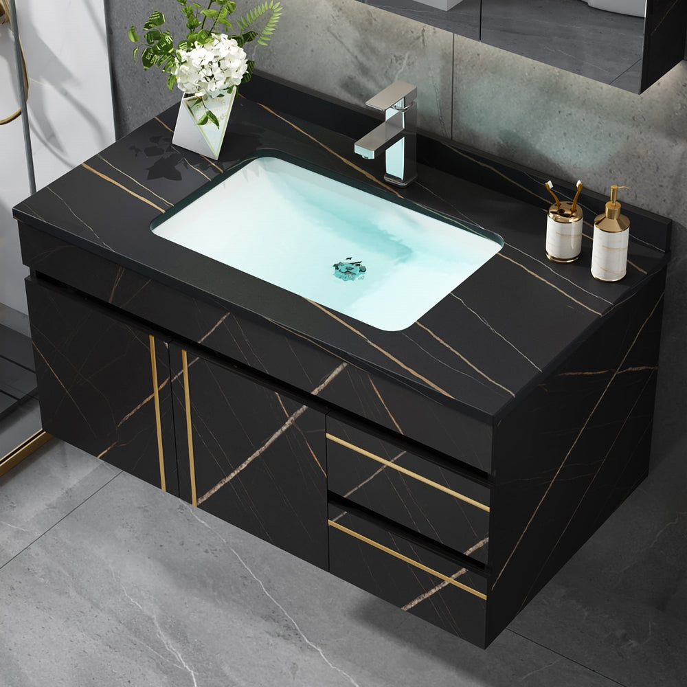 35" Floating Bathroom Vanity Faux Marble with Single Ceramic Sink Black