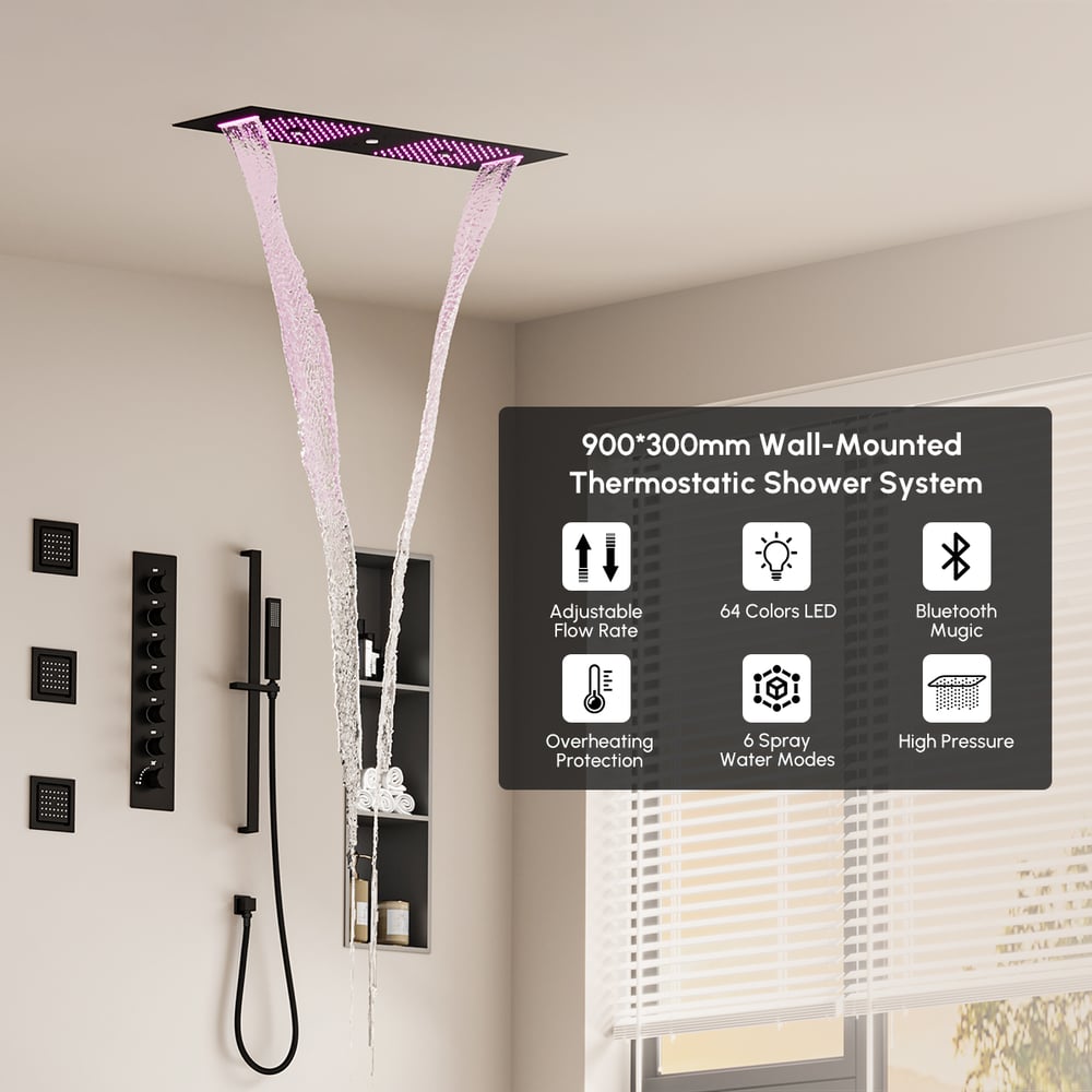35" Thermostatic Rain Shower System 6 Functions Massage Music Remote Controlled LED
