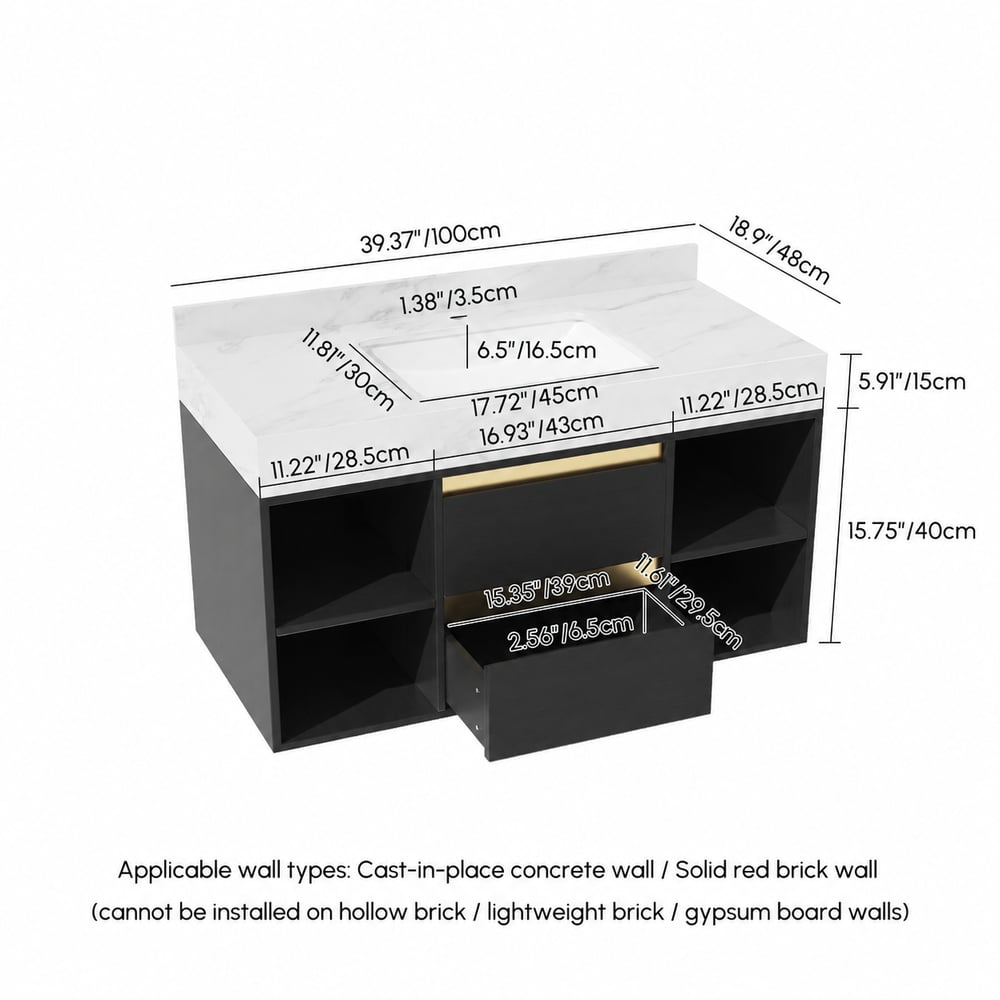 Modern 39.4" Floating Single Bathroom Vanity with Sink in Black, Sintered Stone Top