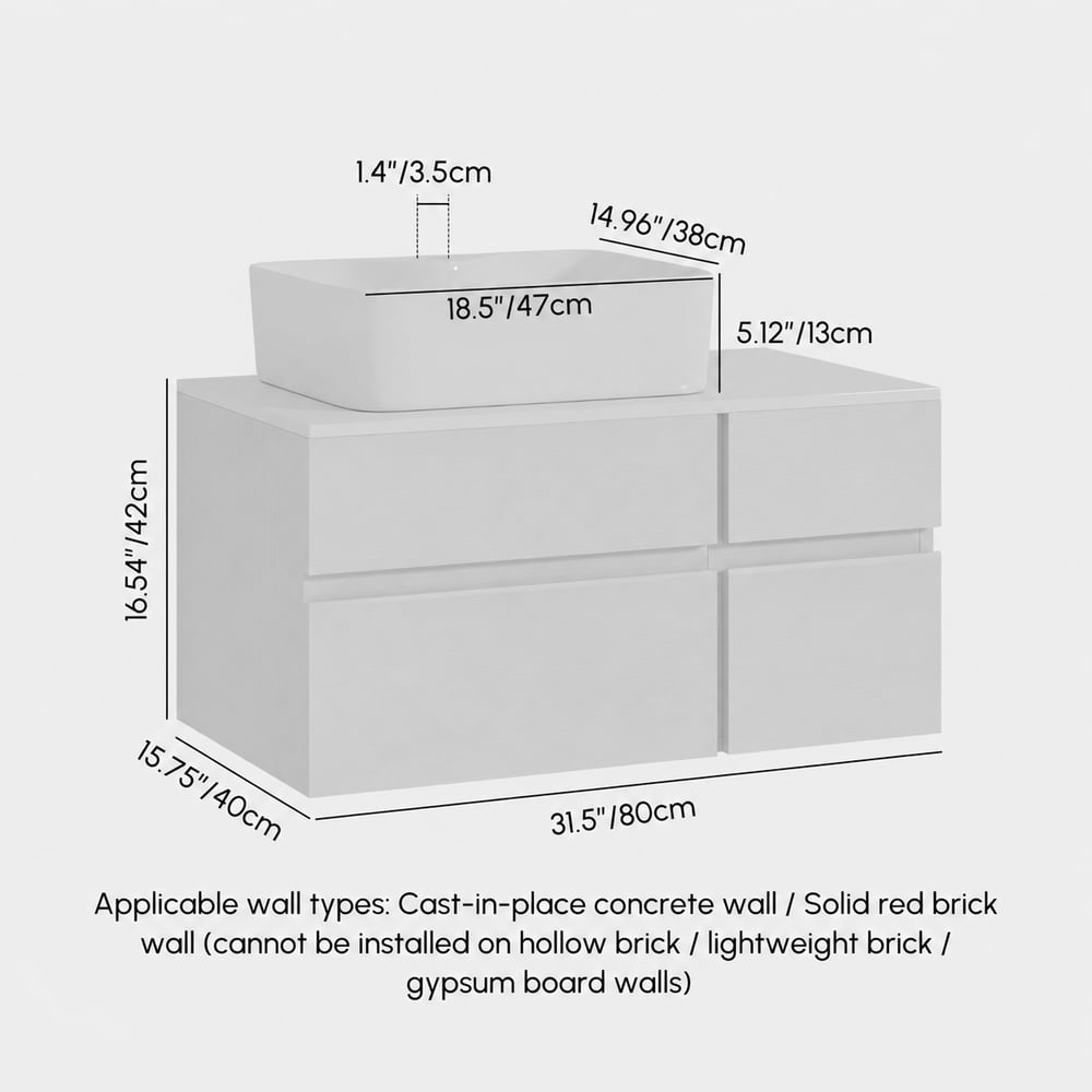 Modern 31.5" Floating Single Bathroom Vanity with Stone Resin Top, Ceramic Basin