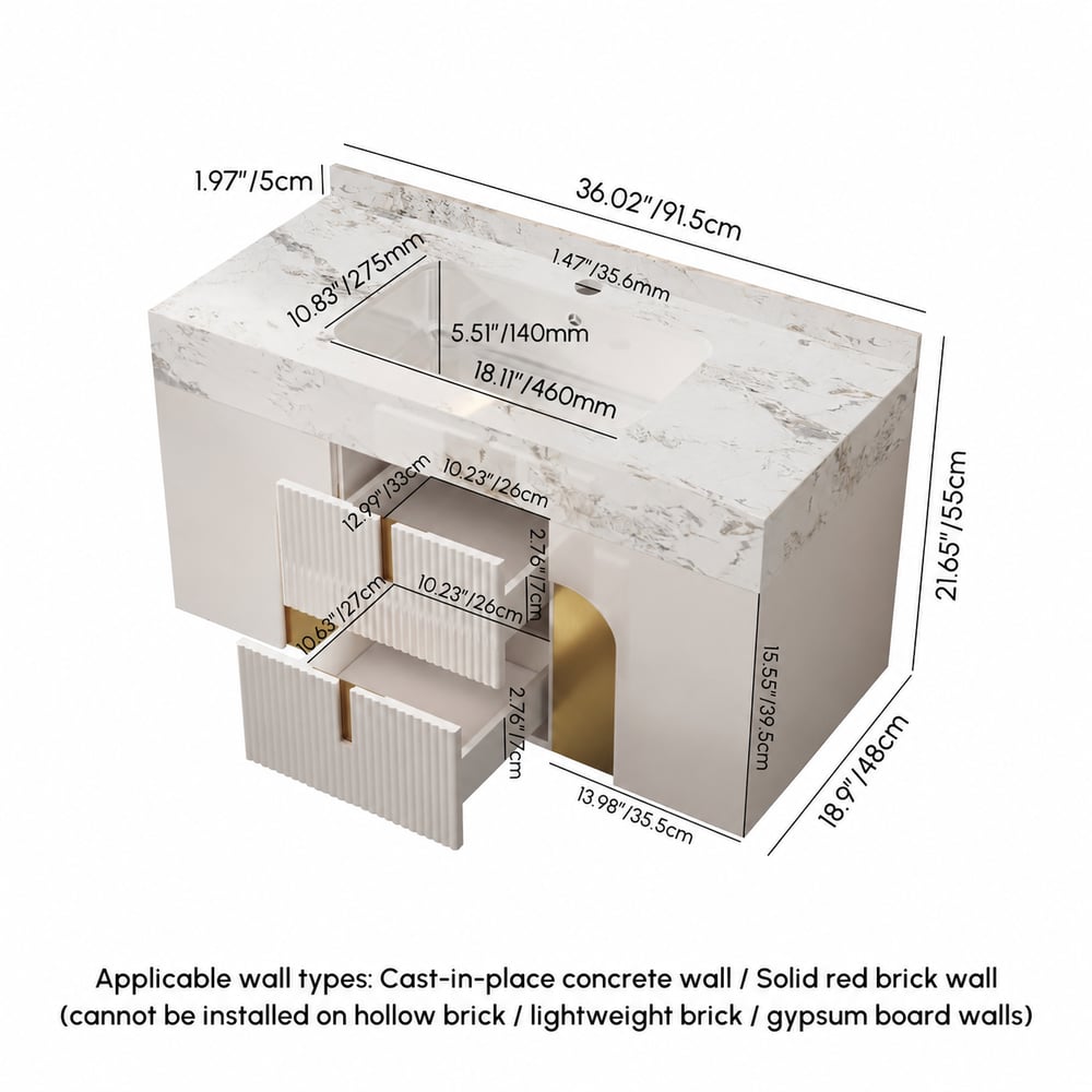 Artis 36" Floating Single Bathroom Vanity with Sink, Sintered Stone Top, Ample Storage