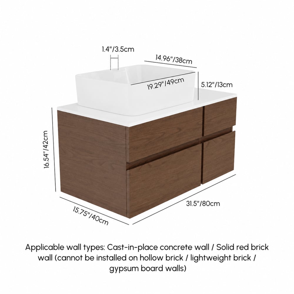 Modern 31.5" Floating Single Bathroom Vanity with Stone Resin Top, Ceramic Basin